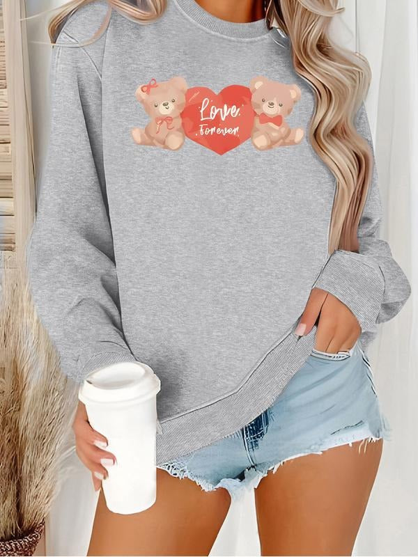 Women's Teddy Bear Heart Print Round Neck Sweatshirt, Casual Fitted Pullover, All-Season Comfort, Easy Care Durable...