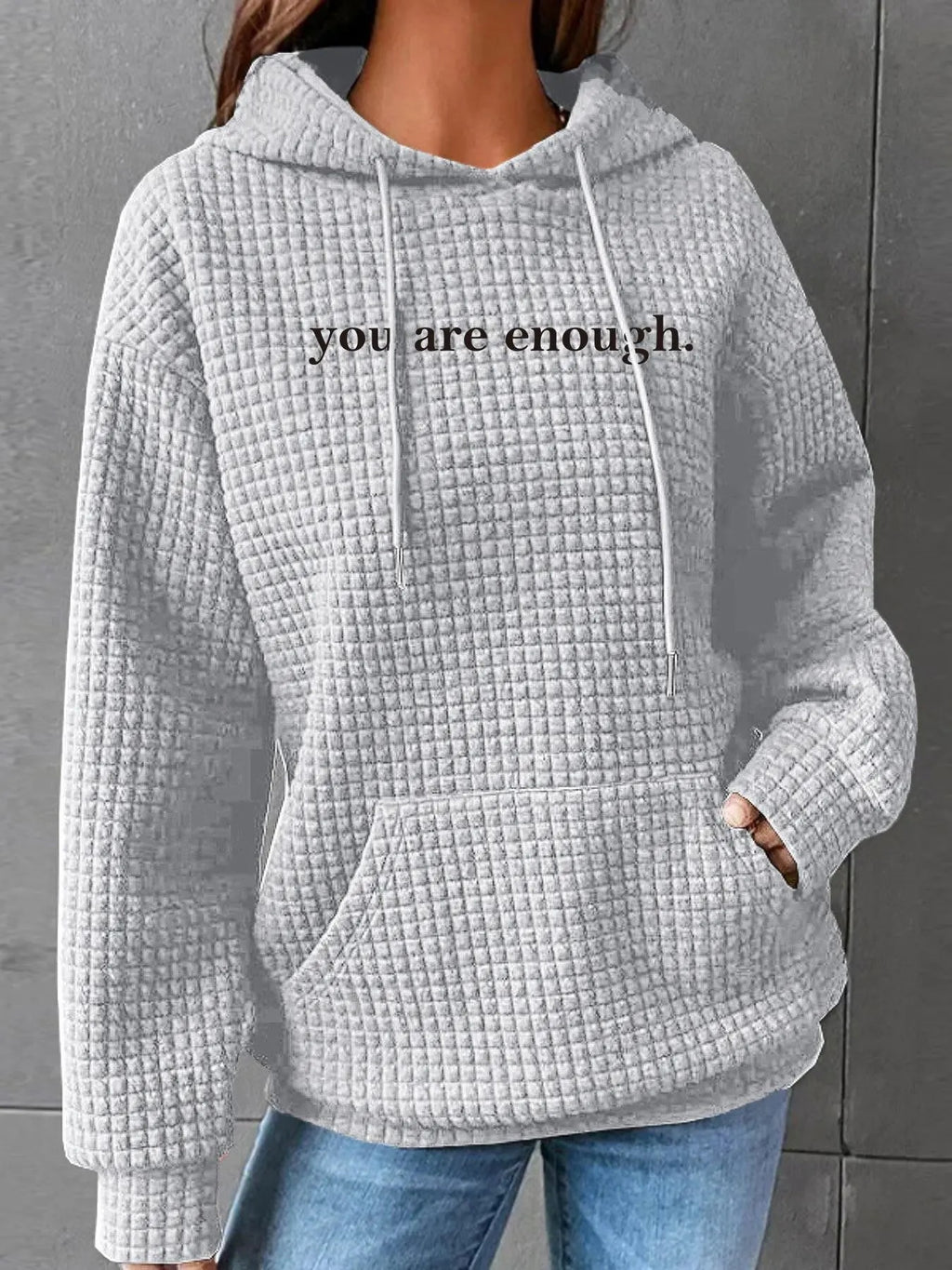 Women's Textured Drop Shoulder Drawstring Hoodie, Casual Slogan Print Pocket Hooded Sweatshirt for Daily Holiday Outdoor...
