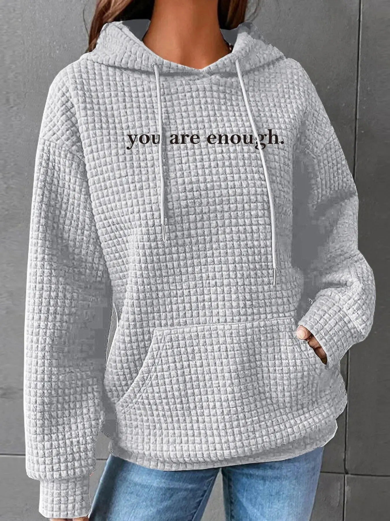 Women's Textured Drop Shoulder Drawstring Hoodie, Casual Slogan Print Pocket Hooded Sweatshirt for Daily Holiday Outdoor...