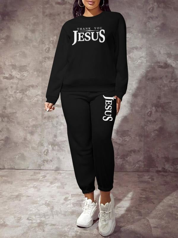 Women's Thank You Jesus Letter Print Long Sleeve Sweatshirt Set, Casual Spring & Fall, Comfortable Daily Wear T-Shirts,...