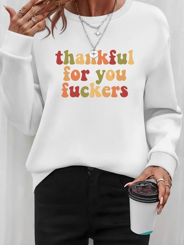 Women's Thankful Letter Print Long Sleeve Round Neck Pullover Sweatshirt, Casual Fitted Christmas Gift, Winter Warm...