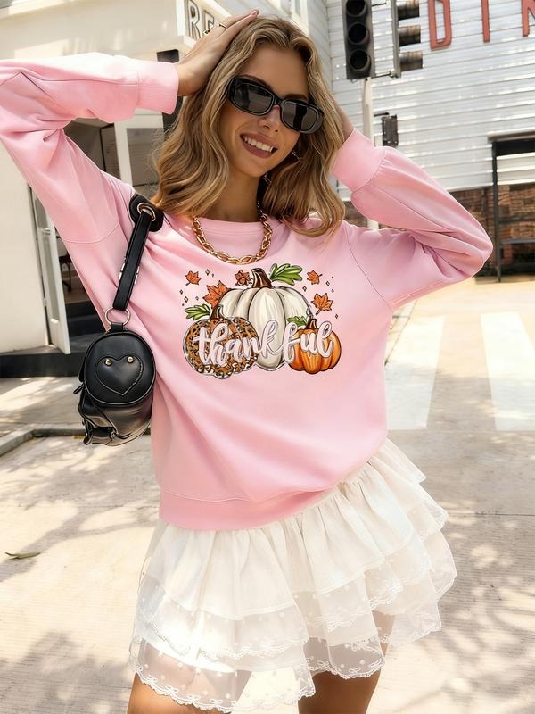 Women's Thanksgiving Round Neck Pullover Sweatshirt, Letter and Pumpkin Print, Fall Winter Warm Casual Wear, Holiday...