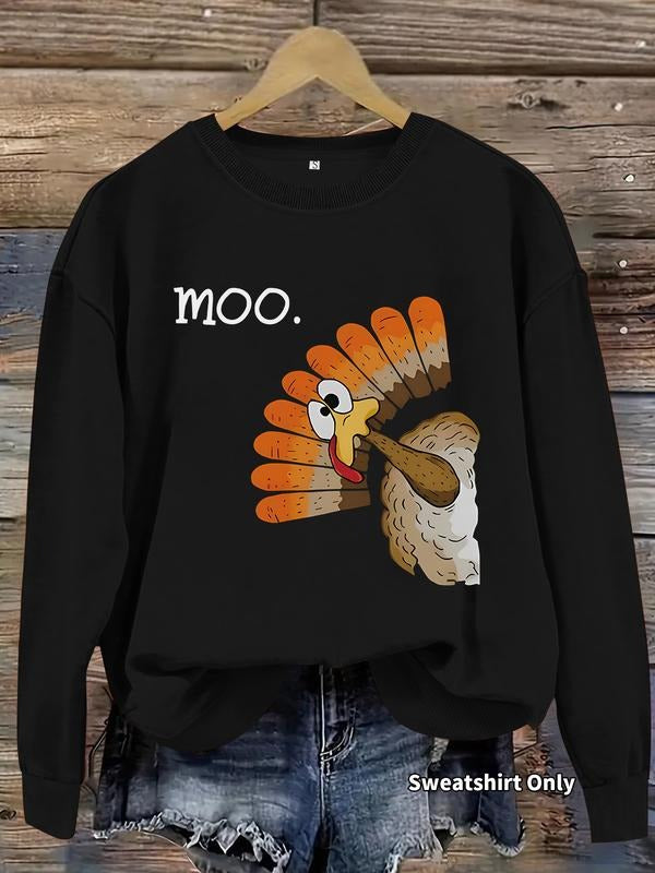 Women's Thanksgiving Turkey Print Hoodie, Soft Long Sleeve Round Neck Sweatshirt, Casual Fitted Pullover T-Shirts