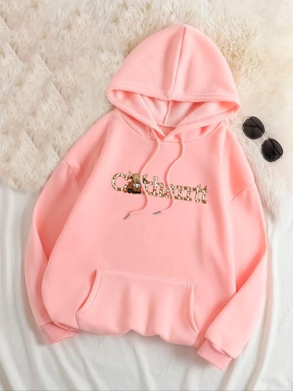 Women's Thermal Lined Cartoon Graphic Print Drop Shoulder Drawstring Pocket Hoodie, Casual Long Sleeve Hooded Sweatshirt,...