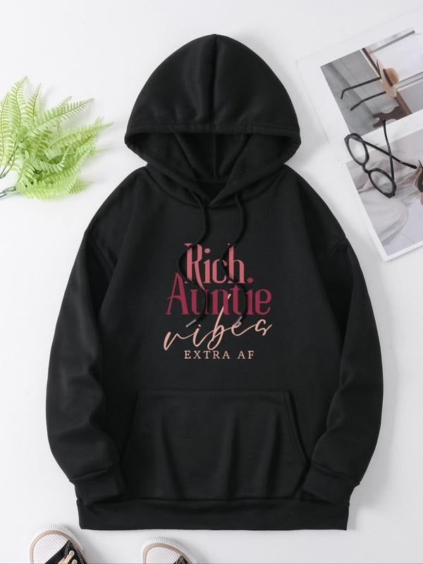 Women's Thermal Lined Letter Print Drop Shoulder Drawstring Hoodie, Fashion Casual Pocket Hooded Sweatshirt for Daily...
