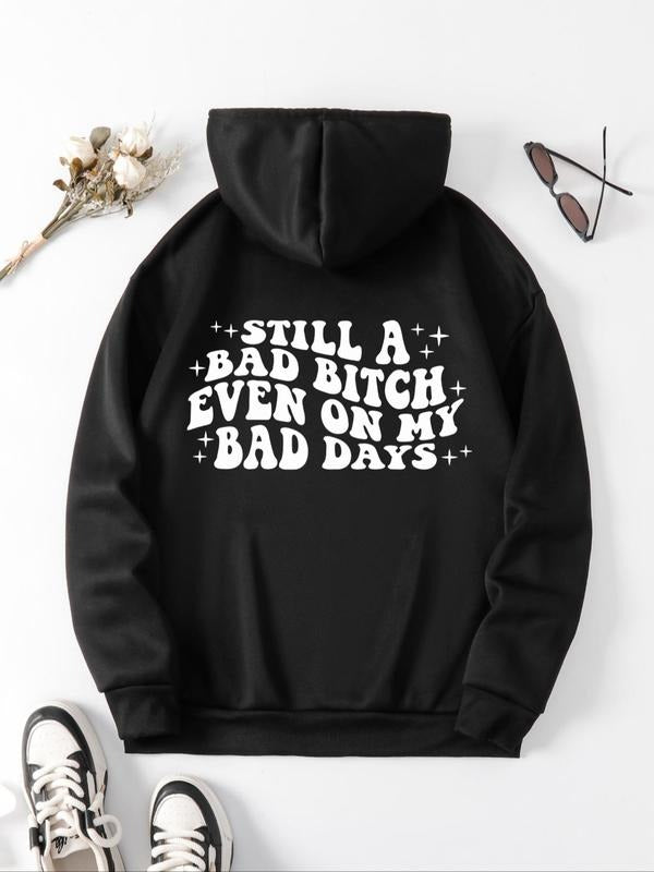Women's Thermal Lined Letter Print Drop Shoulder Drawstring Hoodie, Fashion Casual Pocket Hooded Sweatshirt for Daily...