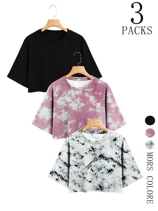 Women's Tie Dye Print Round Neck Tee, Casual Short Sleeve Crew Neck T-shirt for Summer, Fashion Women's Top for Daily...