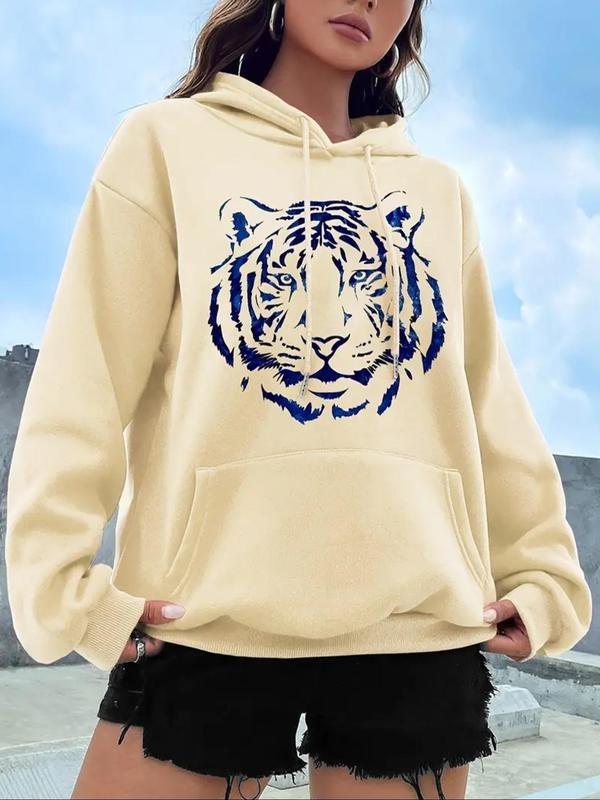Women's Tiger Print Drop Shoulder Drawstring Hoodie, Fashion Casual Pocket Hooded Sweatshirt for Daily Holiday Outdoor...