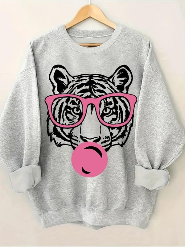Women's Tiger Print Round Neck Sweatshirt, Casual Long Sleeve Crew Neck Pullover for Fall & Winter, Fashion Women's Top...