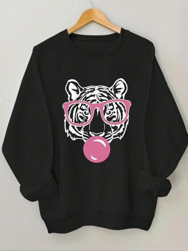 Women's Tiger Print Round Neck Sweatshirt, Fashion Casual Crew Neck Long Sleeve Pullover for Daily Outdoor Wear, Women...