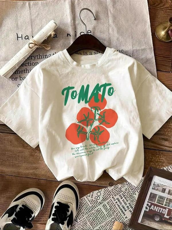Women's Tomato & Letter Print Round Neck Tee, Casual Short Sleeve Crew Neck T-shirt for Summer, Fashion Women's Top for...