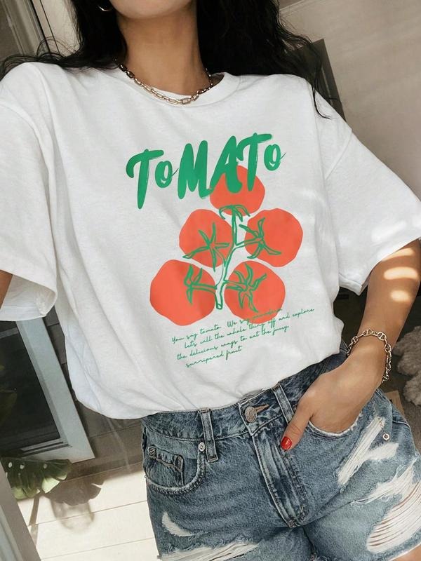 Women's Tomato & Letter Print Round Neck Tee, Casual Slogan Graphic Short Sleeve T-shirt for Summer, Women's Top for...