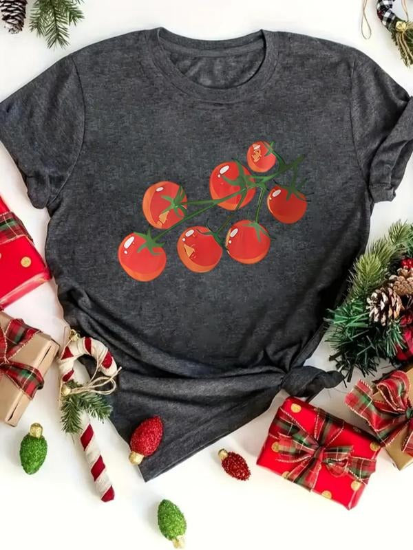 Women's Tomato Print Round Neck Tee, Casual Short Sleeve Crew Neck T-shirt for All Seasons, Fashion Women's Top for Daily...