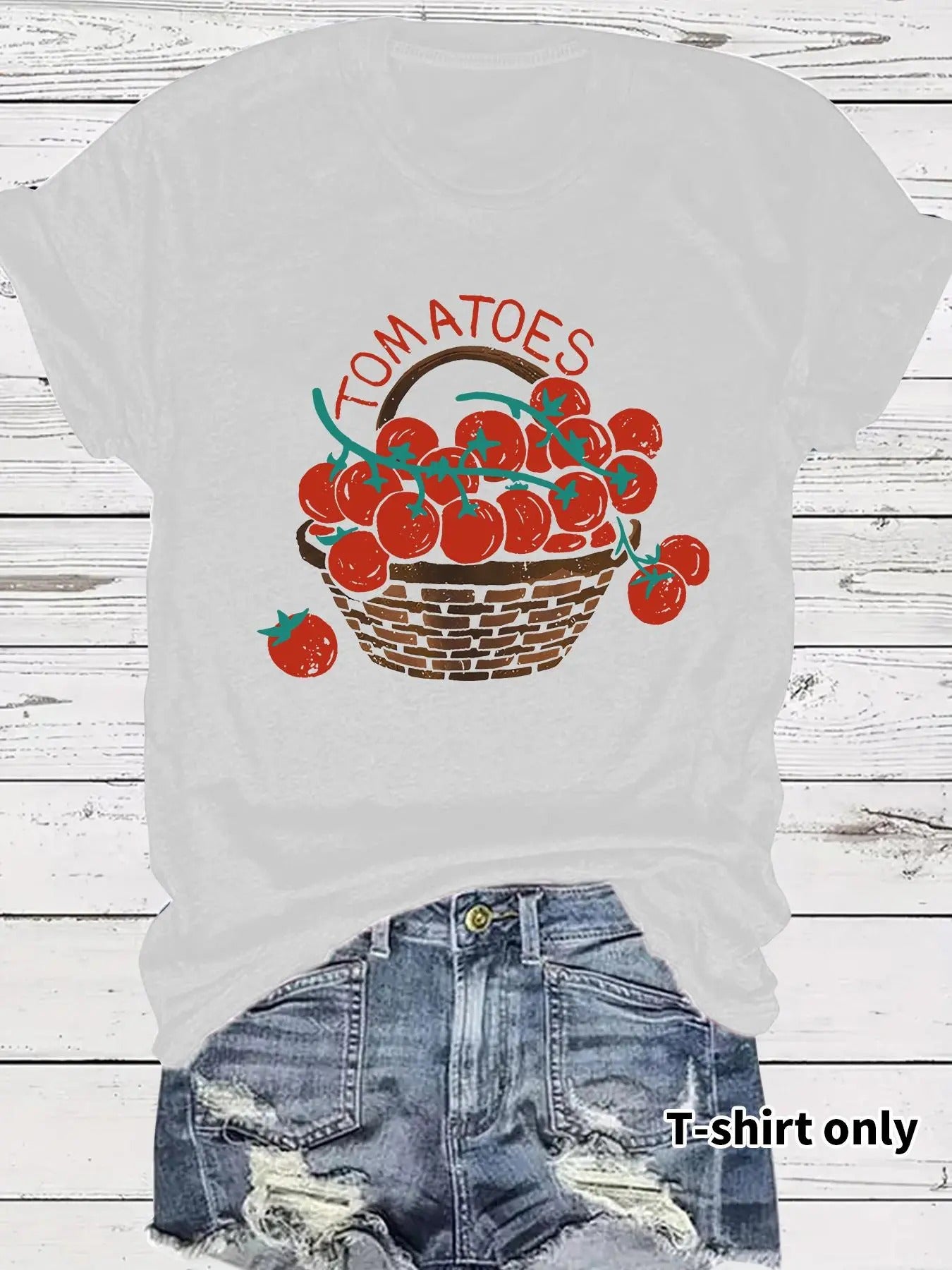 Women's Tomato Print Round Neck Tee, Casual Short Sleeve Crew Neck T-shirt for Summer, Fashion Women's Top for Daily Wear...