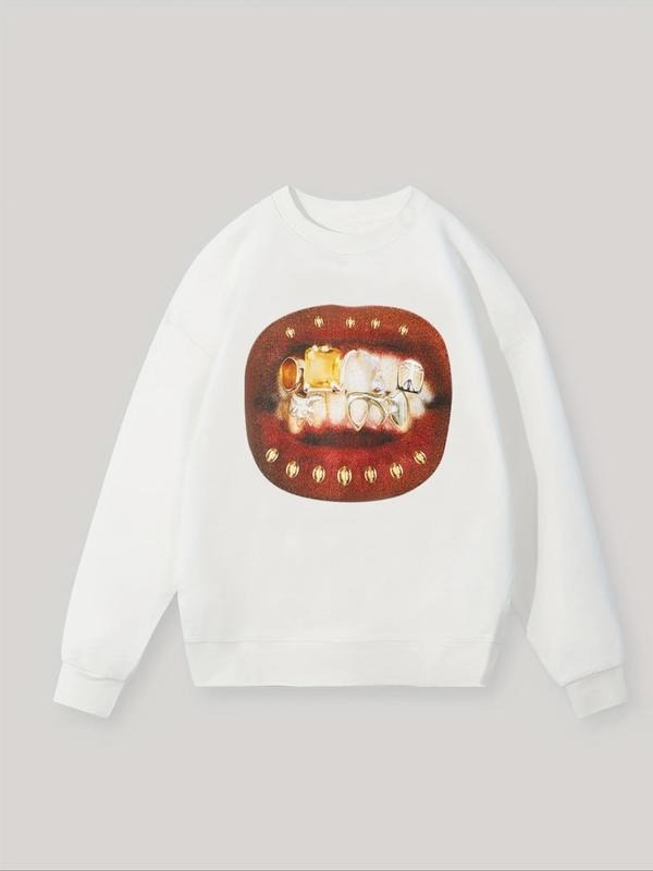 Women's Tooth Print Drop Shoulder Sweatshirt, Casual Long Sleeve Round Neck Pullover for Fall & Winter, Women's Clothes...