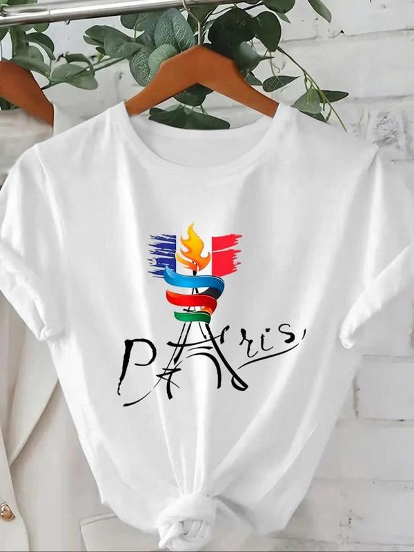 Women's Torch & Letter Print Round Neck Tee, Trendy Casual Short Sleeve Graphic T-Shirt for Daily Wear, Ladies Summer...