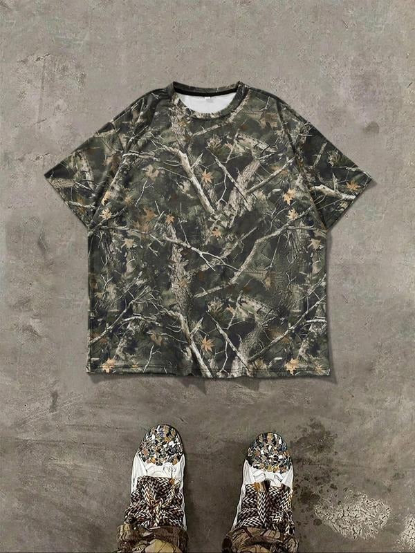 Women's Tree & Camo Print Round Neck Tee, Casual Short Sleeve Crew Neck T-shirt for Summer, Fashion Women's Top for Daily...