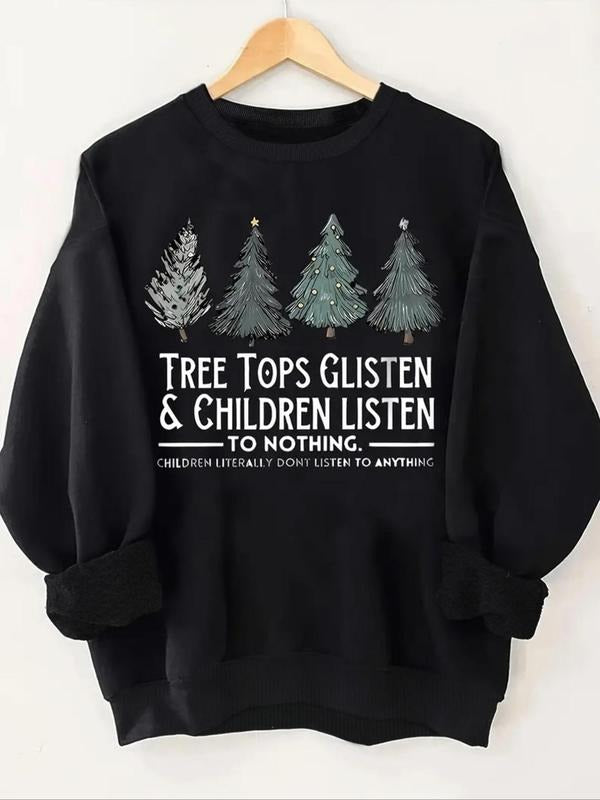 Women's Tree & Letter Print Drop Shoulder Sweatshirt, Casual Long Sleeve Round Neck Pullover for Fall & Winter, Women's...