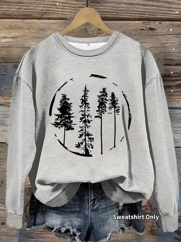 Women's Tree Print Round Neck Sweatshirt, Casual Long Sleeve Pullover for Fall & Winter, Women's Clothes for Daily Wear,...