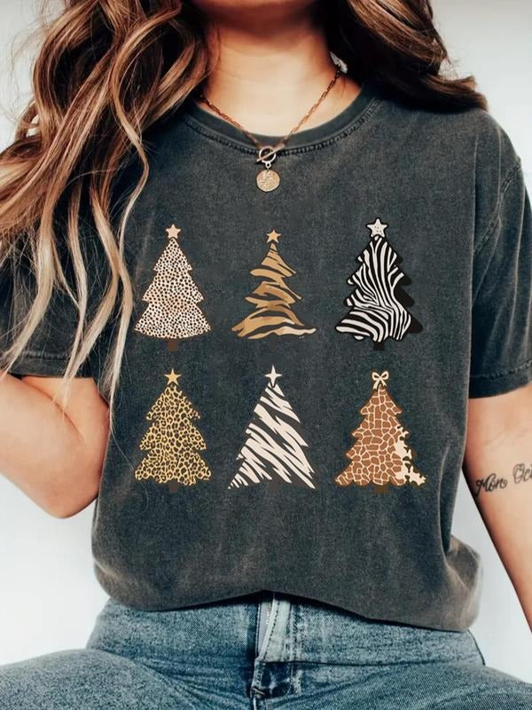 Women's Tree Print Round Neck Tee, Casual Drop Shoulder Short Sleeve T-shirt for Daily Wear, Ladies Clothes for All...