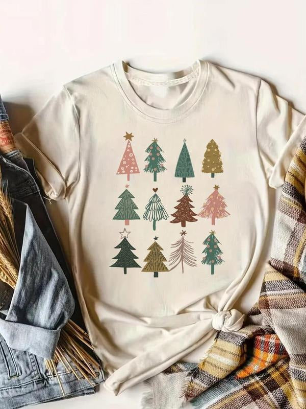 Women's Tree Print Round Neck Tee, Casual Graphic Short Sleeve T-Shirt for Summer, Ladies Clothes for Daily Wear Hoodie,...