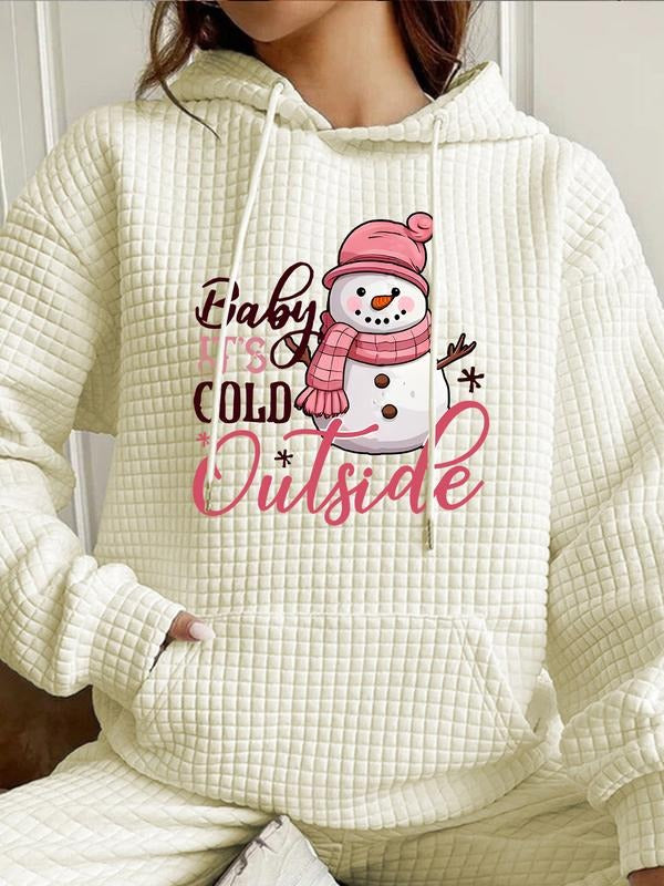 Women's Trendy Fashion Hooded Sweatshirt with Snowman Print, Long Sleeve Pocket Design, Fall & Winter Casual Top...