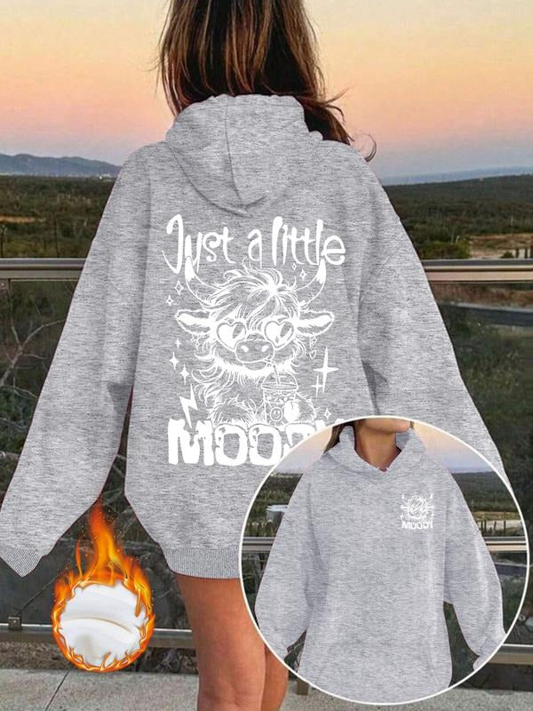 Women's Trendy Hooded Sweatshirt Just a Lottle Moody Eye Cow Drink Pattern, Long Sleeve Pocket Hoodie, Fall & Winter...