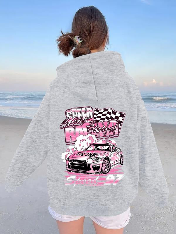 Women's Trendy Hooded Sweatshirt with Cool Car Print, Long Sleeve Pocket Hoodie, Washable Casual Top for Fall & Winter,...