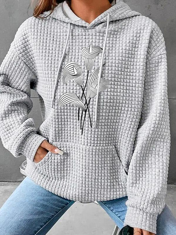 Women's Trendy Hooded Sweatshirt with Line Art Lily Print, Long Sleeve Pullover with Pocket, Fall Winter Casual Wear...