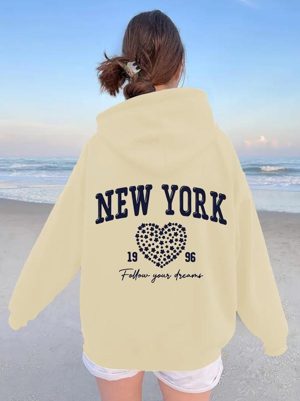 Women's Trendy Hooded Sweatshirt, New York Heart Pattern, Long Sleeve Pocket Hoodie, Fall & Winter Casual Top T-Shirts