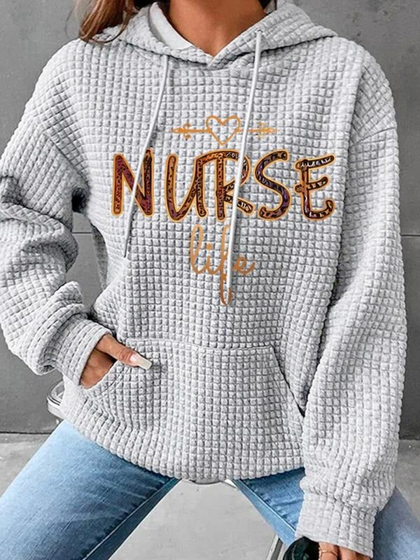 Women's Trendy Hooded Sweatshirt, Nurse Life Letter Print, Long Sleeve Pullover with Pocket, Fall & Winter Casual Top...