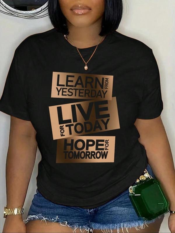 Women's Trendy Letter Print Round Neck Tee, Casual Short Sleeve Graphic T-shirt For Daily Wear, Vintage Ladies Summer...