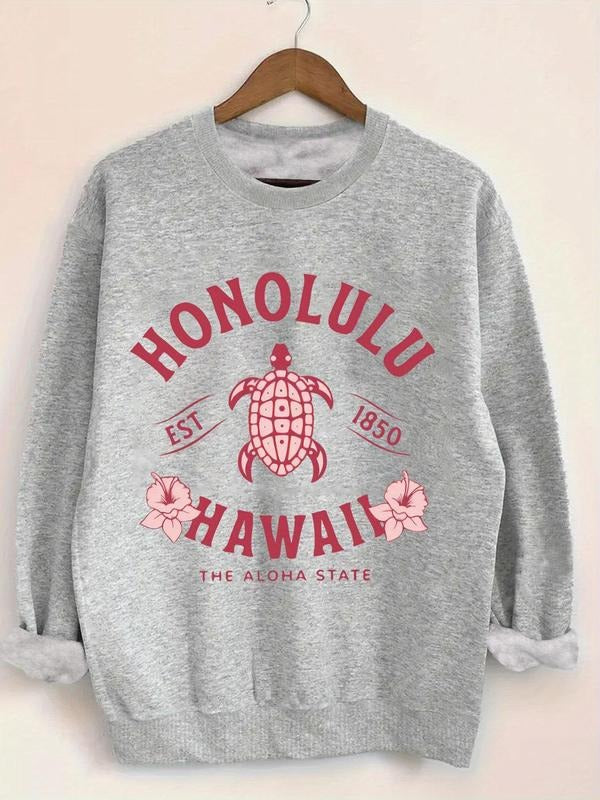 Women's Turtle & Floral & Letter Print Drop Shoulder Sweatshirt, Casual Long Sleeve Round Neck Pullover for Fall &...