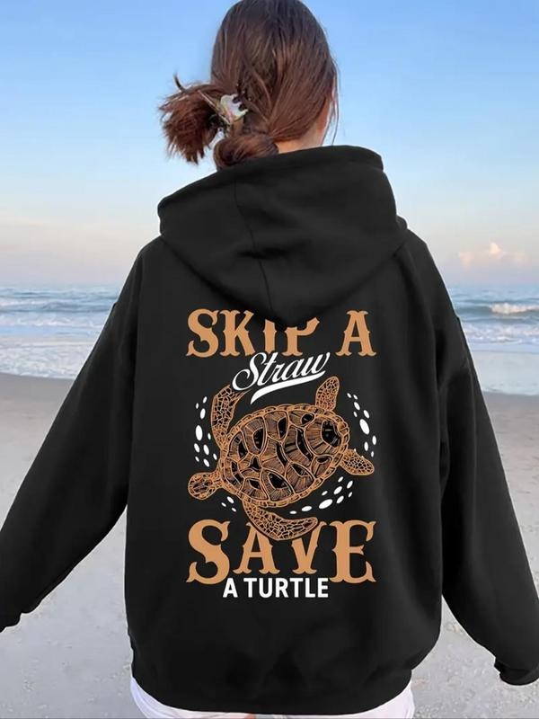 Women's Turtle & Letter Print Drawstring Hoodie, Casual Long Sleeve Kangaroo Pocket Hooded Sweatshirt for Daily Holiday...