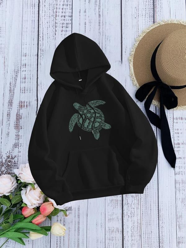 Women's Turtle & Letter Print Drawstring Pocket Hoodie, Casual Long Sleeve Hooded Sweatshirt for Fall & Winter, Women's...
