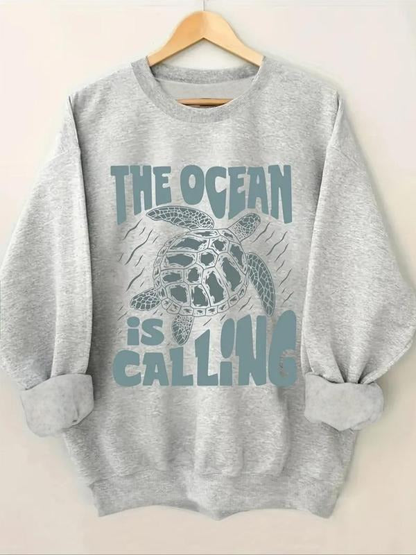 Women's Turtle & Letter Print Drop Shoulder Sweatshirt, Casual Long Sleeve Round Neck Pullover for Fall & Winter, Ladies...