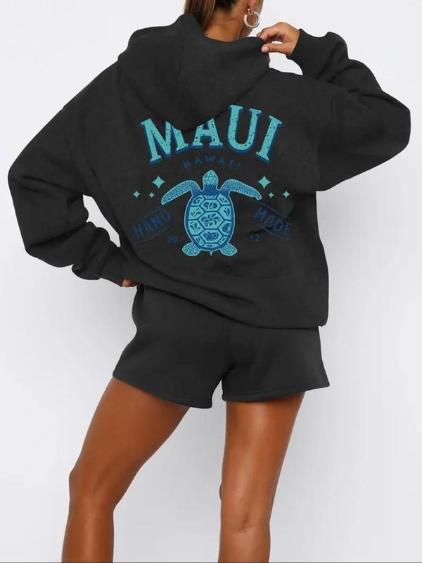 Women's Turtle & Letter Print Hoodie, Casual Long Sleeve Drawstring Hooded Sweatshirt for Daily Holiday Outdoor Wear,...