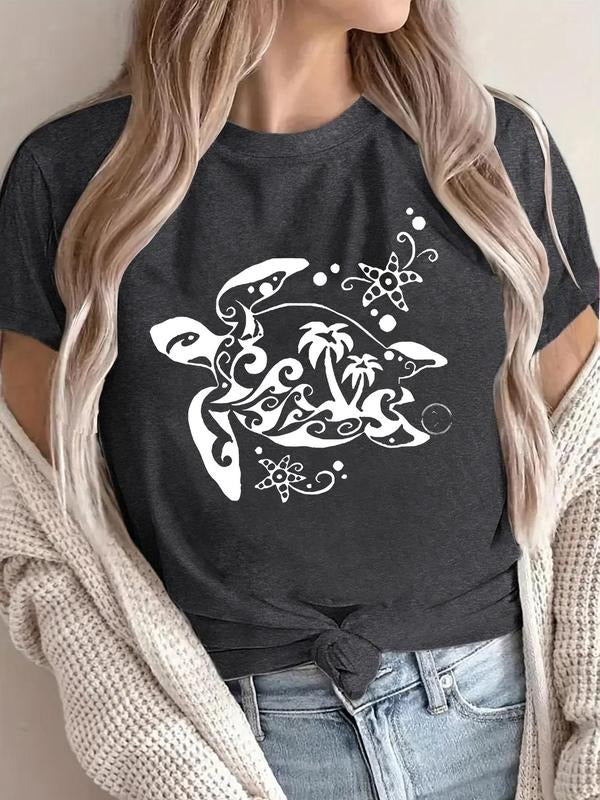 Women's Turtle & Wave Print Round Neck Tee, Casual Short Sleeve Crew Neck T-Shirt for Summer, Fashion Women's Top for...