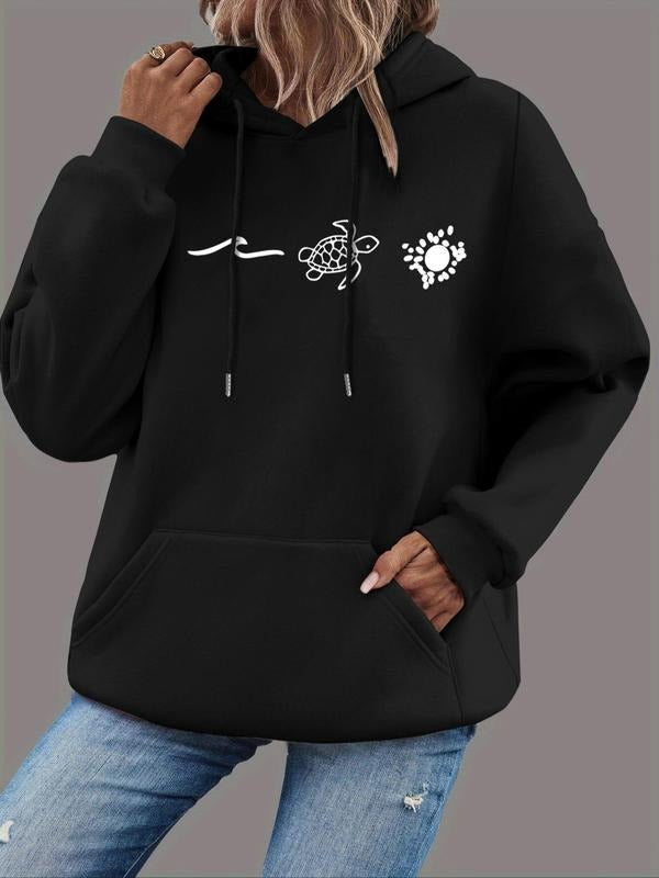 Women's Turtle Print Drop Shoulder Drawstring Hoodie, Fashion Casual Pocket Hooded Sweatshirt for Daily Holiday Outdoor...