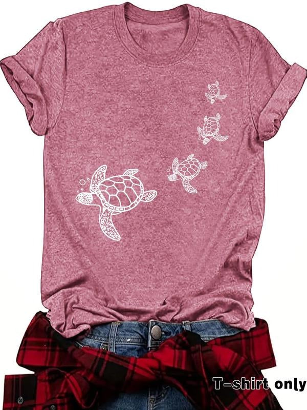 Women's Turtle Print Round Neck Tee, Casual Short Sleeve Crew Neck T-shirt for Summer, Fashion Women's Top for Daily Wear...
