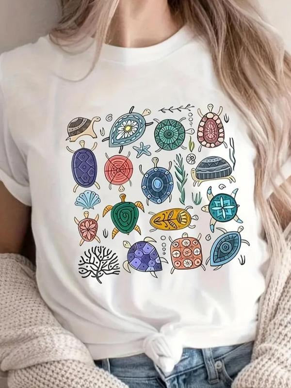 Women's Turtle Print Round Neck Tee, Fashion Casual Short Sleeve T-shirt for Daily Wear, Ladies Summer Clothes Hoodie,...
