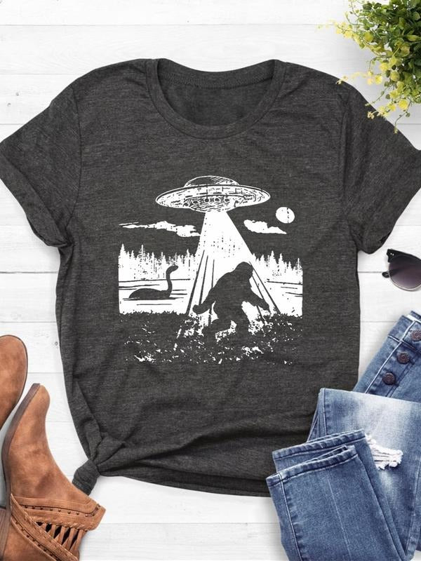 Women's UFO & Animal Print Round Neck Tee, Fashion Casual Short Sleeve T-Shirt for Daily Wear, Ladies Summer Clothes...
