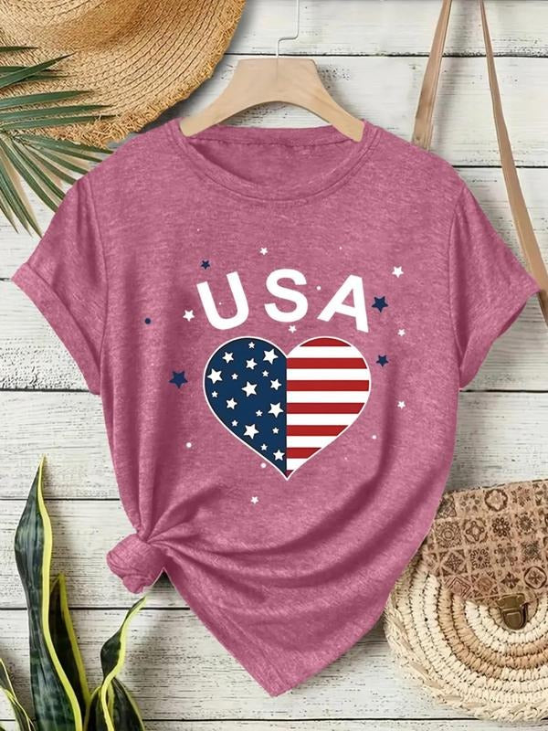 Women's USA Flag Heart Print Round Neck Tee, Casual Star & Striped Print Short Sleeve T-Shirt for Summer, Women's Top for...