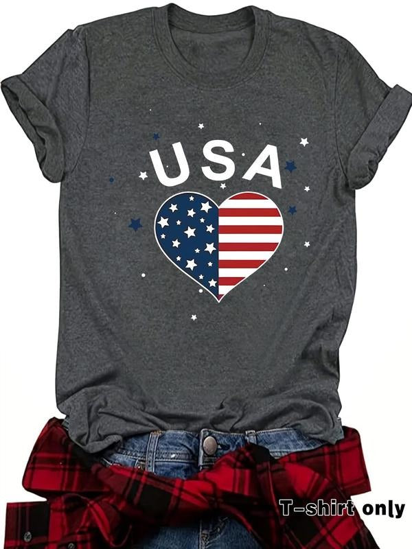 Women's USA Flag Print Round Neck Tee, Casual Short Sleeve Crew Neck T-Shirt for Summer, Fashion Women's Top for Daily...