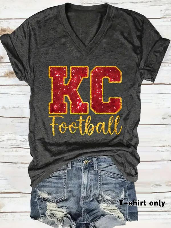 Women's V Neck Short Sleeve T-Shirt, Casual Loose Fit Summer Top, Comfortable Breathable Fabric, Kc Football Letter...