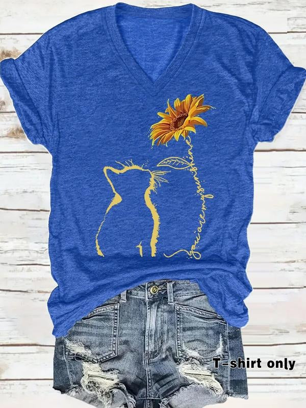 Women's V Neck Shortsleeve Cat Floral Print Casual Loose-Fit Summer Top, Comfortable Breathable Fabric, S-Xxl Sizes...