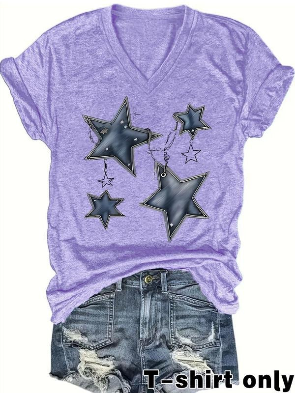Women's V Neck Star Print Casual Loose-Fit Summer T-Shirt, Comfortable Breathable Fabric, Available in Sizes S-Xxl...