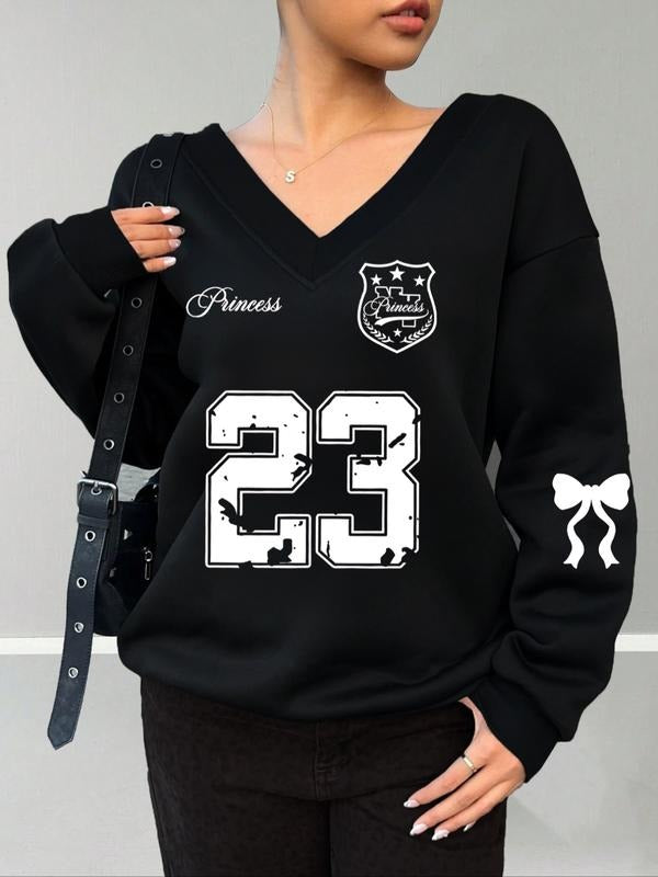 Women's V Neck Sweatshirt, Casual Loose Fit, Butterfly Knot Design, Fall & Winter Fashion, Comfortable and Stylish,...