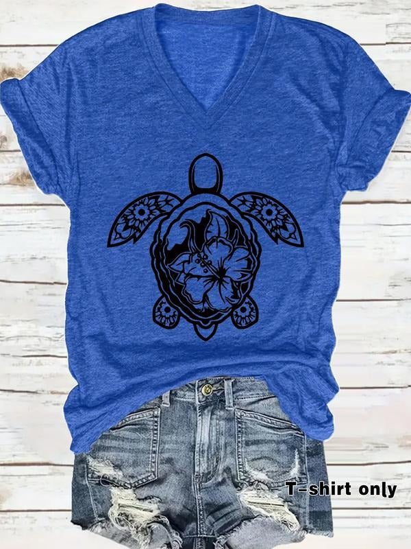 Women's V Neck Turtle Print Casual Summer Top, Loose-Fit Short Sleeve T-Shirt, Comfortable Breathable Fabric Tshirt,...