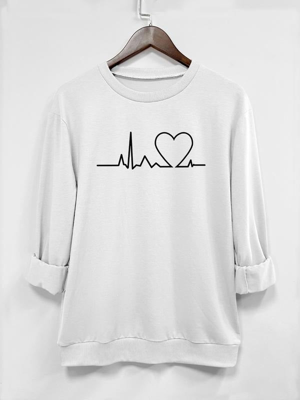 Women's Valentine Heart Print Long Sleeve Round Neck Pullover Sweatshirt, Casual Fitted Sportswear for Home & Outdoor, 9...